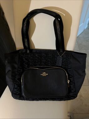 COACH Black Quilted Nylon Tote with Front Pocket and Gold Hardware